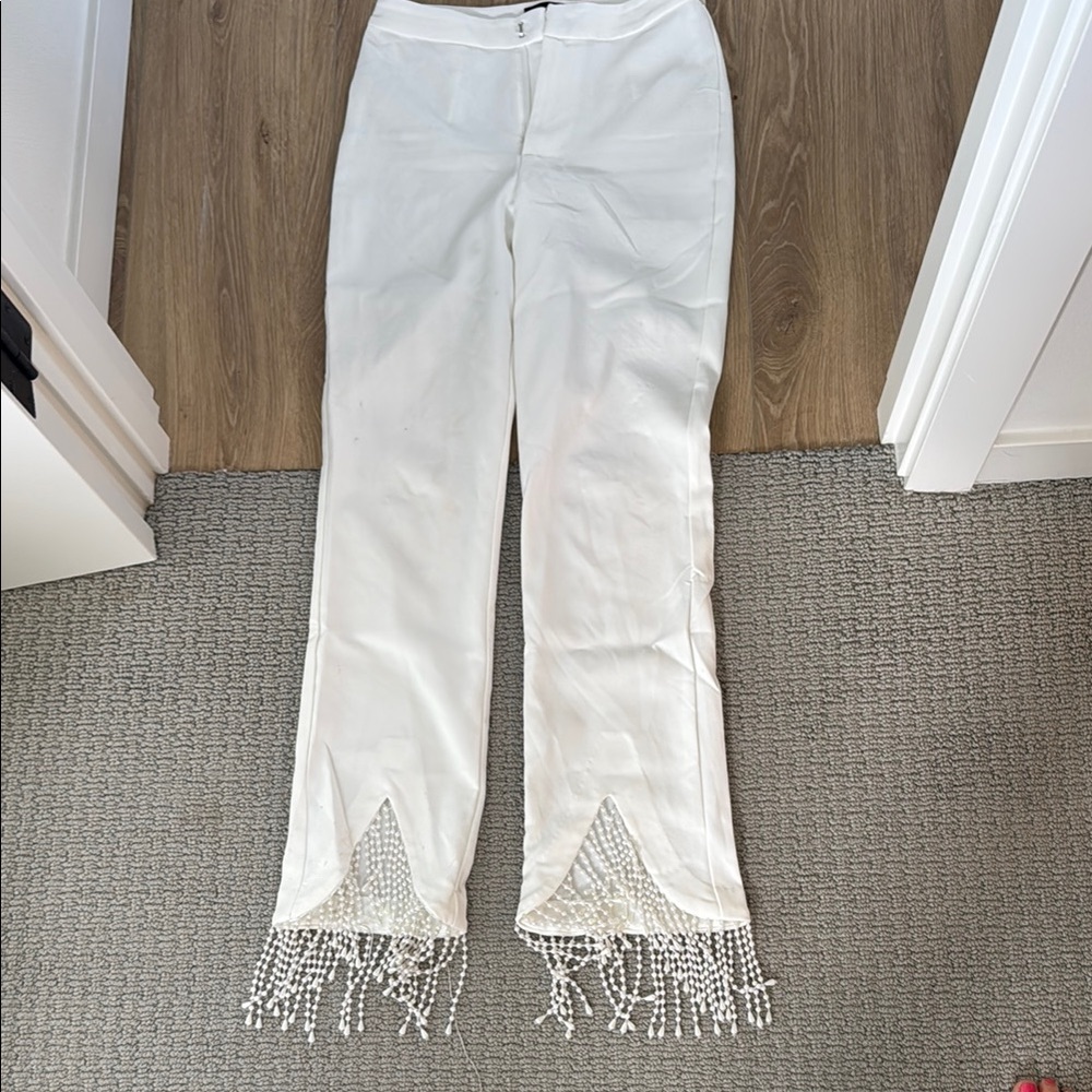 Elegant White Beaded Women's Pants